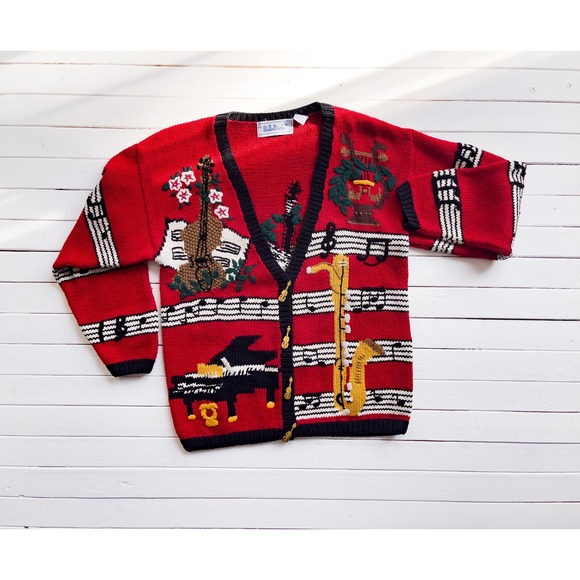 vtg Belle Pointe musical instruments hand knit embroidered cardigan sweater - Picture 1 of 5